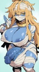 1futa ai_generated arms arms_behind_head balls bandage bandages big_balls big_breasts blonde_hair blue_skin breasts colored_skin covered_nipples futa_only futaalover futanari gigantic_balls gigantic_testicles glowing_eyes huge_balls intersex large_areolae large_balls large_breasts large_nipples large_testicles mummy mummy_girl penis veiny_balls veiny_penis veiny_testicles yellow_eyes