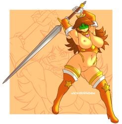 1girls 2019 abs almost_naked amazonian arabian_clothes armor armored_female artist_logo artist_name athletic athletic_female blue_eyes breasts crown earrings female fit fit_female flower_earrings holding_sword large_breasts light_brown_hair looking_at_viewer mario_(series) medium_hair mouth_veil naked_footwear nintendo princess_daisy revealing_armor revealing_clothes solo sword text warrior weapon wickedraiden