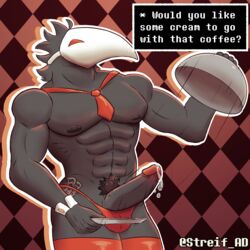 1:1 abs clothing darkner deltarune english_text hi_res humanoid legwear male male_only mask money muscular necktie pecs pubes pubic_hair solo streif swatchling_(deltarune) tagme text thigh_highs thong undertale_(series) underwear video_games