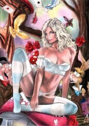 alice_(wonderland) blonde_hair bow breasts bug bunny butterfly cleavage female flower insects long_hair panties rose sitting thighhighs traditional_media underwear