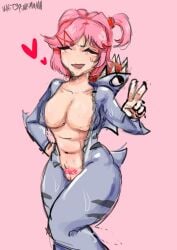 doki_doki_literature_club fish_costume hairy_pussy heart_symbol hearts_around_head natsuki_(doki_doki_literature_club) peace_sign pink_pubic_hair red_ribbon sweating sweaty_body watermark whit3pinkmann