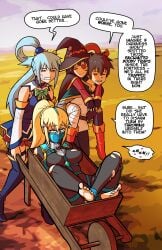 1girls aqua_(konosuba) arms_tied_behind_back bdsm_harness blonde_hair blue_eyes bodysuit bondage bondage_harness bound breasts cart collar darkness_(konosuba) female female_only femsub fully_clothed gag gagged harness harness_gag harness_muzzle_gag heart-shaped_pupils heart_lock humor kono_subarashii_sekai_ni_shukufuku_wo! large_breasts legs_tied masochistic_female megumin metal_collar muzzle_gag padlock ponytail satou_kazuma tight_clothing torn_bodysuit wossarem x_hair_ornament