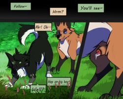 absurd_res ass black_body black_fur bodily_fluids canid canine comic detailed_background dialogue duo english_text felid female feral fox fur genital_fluids hi_res holly_(plant) hollyleaf_(warriors) male male/female mammal plant polygonal_speech_bubble precum presenting presenting_hindquarters red_body red_fur seductive shaded speech_bubble surprised_expression text warriors_(cats) zeniarmr