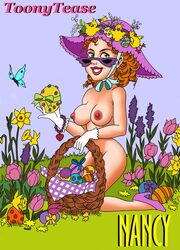 bracelet brown_hair curly_hair easter_basket easter_egg erect_nipples fancy_nancy female first_porn_of_franchise flowers gloves green_eyes hat heels kneeling large_breasts looking_over_eyewear looking_over_glasses looking_over_sunglasses solo sunglasses tinted_eyewear toonytease