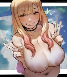 1girls 2025 blonde_hair female fluffydango front_view hair hi_res human inverted_nipples kitagawa_marin light-skinned_female light_skin long_hair mole mole_on_breast multicolored_hair pierced_ear piercings pink_nail pink_nails pubic_hair solo sono_bisque_doll_wa_koi_wo_suru two-tone_hair