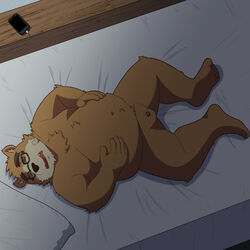 1:1 2021 anthro balls bed belly brown_body brown_fur cellphone censored closed_eyes fur furniture genitals hi_res humanoid_hands kemono lifewonders lying male mammal micropenis overweight overweight_male penis phone pillow sleeping small_penis smartphone solo tokyo_afterschool_summoners ursid video_games volos yaki_atsuage