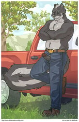 1boy anthro artdecade belt boots bottomwear clothing crossed_arms denim denim_clothing english_text erection footwear genitals jeans leaning looking_at_viewer male male_only mammal mephitid muscular outside pants penis penis_out shirtless skunk solo text truck_(vehicle) vehicle