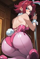 1girls ai_assisted ai_generated ass back_view blue_eyes blush breasts bunny_ears bunny_girl bunny_tail bunnysuit code_geass embarrassed fake_animal_ears fake_tail female female_only high_heels kallen_stadtfeld leotard looking_at_viewer looking_back pantyhose pink_pantyhose playboy_bunny pole qadisa rabbit_tail red_hair solo solo_female