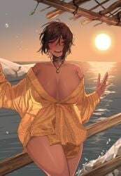 1girl 1girls areolae_peeking background big_breasts brown_hair choker cleavage earrings female female_only gigantic_breasts huge_breasts human jewelry milf mole mole_on_breast moon necklace no_bra ocean revealing_clothes rhlatm see-through_clothing skimpy smile smiling smiling_at_viewer solo solo_female stars sun thick_thighs wide_hips