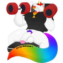 1:1 alpha_channel anthro balls bodily_fluids bottomless clothed clothing dave_(character) equid equine exercise genitals hair hi_res horn lifting male mammal multicolored_hair muscular notkastar pecs penis rainbow rainbow_hair shirt signature smile solo sweat text topwear triforce unicorn weights workout