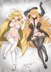 2girls alternate_breast_size bed big_breasts blonde_hair blush breasts cynthia_(pokemon) female female_only green_eyes hair_ornament high_heels large_breasts lingerie long_hair lusamine_(pokemon) negligee nintendo on_bed panties pokemon pokemon_dppt pokemon_sm rinku_bny thick_thighs thighhighs thighs