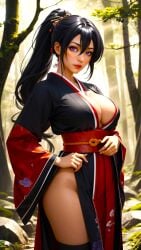 0assult0 1girls ai_generated akeno_himejima anime anime_girl bangs bare_hips beautiful_females big_breasts black_hair black_kimono busty_female cleavage curvy daylight demon demon_girl fantasy female_only forest golden_week grass hair_ornament high_school_dxd high_school_student holidays hot leaves looking_at_viewer obi ponytail purple_eyes rocks solo thick_thighs trees upper_body