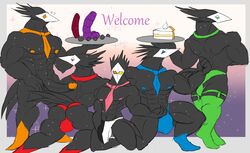 2021 5boys abs anal_beads anthro ass avian balls black_body blue_clothing blue_nipples blue_thong blue_underwear bodily_fluids border bulge cake clothing daikuhiroshiama darkner deltarune dessert dildo english_text erection food gay genitals gradient_background green_clothing green_legwear group hi_res holding_object holding_plate humanoid_genitalia humanoid_penis kneeling legwear male male_only mask muscular muscular_anthro muscular_male necktie nipples orange_nipples pecs penis pink_nipples plate purple_background red_clothing red_thong red_underwear sex_toy simple_background sparkles standing swatch_(deltarune) swatchling_(deltarune) text thick_thighs thong undertale_(series) underwear video_games white_background white_border