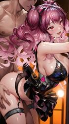 1girls ai_generated black_dress black_panties breasts commander_(nikke) dress faceless_male female female_only goddess_of_victory:_nikke hair_between_eyes huge_breasts large_breasts muscular muscular_male nude nude_male pale-skinned_female pale_skin panties papillon_(nikke) pink_hair red_eyes sex sex_from_behind twintails wavy_hair