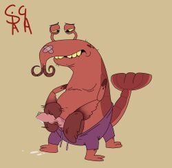 4_legs absurd_res anthro arthropod bandage belly bite biting_lip black_eyes bodily_fluids bottomwear brown_background clothing crustacean cum decapod desperation disney erection eyestalks genital_fluids genitals half-closed_eyes hi_res holding_bottomwear holding_clothing holding_object holding_pants leaking_cum lobster lobster_claws lobster_claws_(svtfoe) lobster_tail looking_down looking_pleasured malacostracan male marine masturbation monster narrowed_eyes navel overweight overweight_anthro overweight_male pants penis precum red_body signature simple_background slightly_chubby slightly_chubby_anthro slightly_chubby_male solo spots srirachamander star_vs._the_forces_of_evil tail teeth yellow_sclera