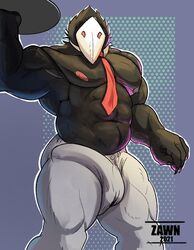 2021 abs anthro artist_name avian balls_outline big_bulge big_muscles bottomwear bulge clothed clothing darkner dated deltarune erection erection_under_clothing genital_outline hi_res holding_object holding_plate huge_bulge huge_muscles looking_at_viewer male male_only mask musclegut muscular muscular_anthro muscular_male navel necktie nipples pants pecs penis_outline plate simple_background solo standing swatchling_(deltarune) thick_thighs topless topless_male undertale_(series) video_games zawn