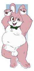 2021 anthro balls belly blush bow_tie erection fur genitals hi_res humanoid_genitalia humanoid_hands humanoid_penis lagomorph leporid male mammal moobs navel nipples overweight overweight_male penis rabbit robbie_the_rabbit_(silent_hill) simple_background solo tbid white_body white_fur