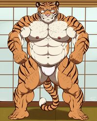 2021 abs anthro asian_clothing barazoku belly big_belly big_muscles bulge clothing east_asian_clothing felid front_view fundoshi fur hi_res huge_muscles inside japanese_clothing looking_at_viewer male mammal mature_male musclegut muscular muscular_anthro muscular_male navel niku_18 nipples overweight overweight_anthro overweight_male pantherine pecs quads solo standing thick_thighs tiger tuft underwear