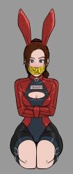 1female 1girls alternate_costume bdsm_collar biohazard_symbol bondage bondage_outfit boob_window bunny_ears claire_redfield collar female gag gagged latex latex_bodysuit latex_clothing leather_straps legbinder numbered_tag resident_evil resident_evil_2 restrained straitjacket tape_gag taped_mouth wossarem