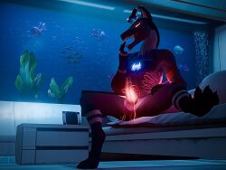 anthro bed cock dominant dominant_male fish fox fur furry ghost ghost_hands glowing_eyes harness horns hybrid looking_at_viewer magic male mrbadfox pawpads paws reptile scales snake solo suggestive_gesture tattoo tongue tongue_out