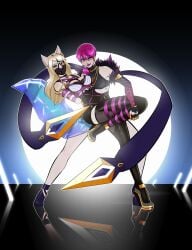 ahri arms_tied_behind_back bondage crotch_rope evelynn fox_ears fox_girl fox_tail gag gagged harness_muzzle_gag holding_onto_partner idol k/da_ahri k/da_evelynn k/da_series league_of_legends muzzle muzzle_gag posing rope_between_breasts rope_bondage rope_harness vastaya wossarem