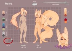 2_tails absurd_res accessory anthro bedsheetwalking blonde_hair canid canine clitoris english_text female fenne_(accalia) fox fur genitals hair hair_accessory hair_tie hi_res human human_form long_hair looking_at_viewer looking_happy looking_mad magic mammal melee_weapon model_sheet multi_tail nipples nude pawpads pussy red_eyes red_hair_tie shape_shifter slit solo sparkles sword tagme tan_body tan_fur text transformation weapon