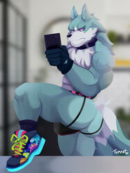 2021 3:4 absurd_res anthro ass bent_leg big_butt blurred_background brand_new_animal bulge canid canine canis cellphone clothing collar footwear frown fur gloves handwear hi_res holding_object holding_phone inside jockstrap male male_focus male_only mammal muscular muscular_anthro muscular_male narrowed_eyes phone shirou_ogami shoes signature smartphone socks solo standing studio_trigger taking_picture therot0 tuft underwear wolf