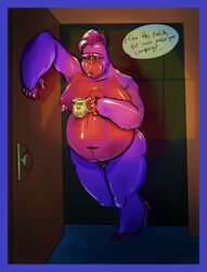 anthro ape areola bedroom belly big_breasts breasts comic_panel container cup dialogue diaz_(oc) digital_media_(artwork) door doorknob doorway douschepool_artist dramatic_lighting english_text female fur genitals gorilla haplorhine hesitant hi_res holding_mug human mammal mohawk nipples nude overweight overweight_anthro overweight_female pose primate pussy shadow solo speech_bubble standing text thick_thighs unsure