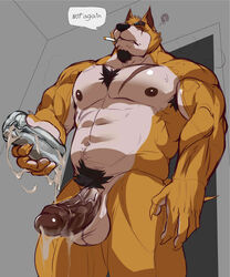 1boy abs after_masturbation annoyed anthro armpit_hair balls barazoku beard biceps big_balls big_penis bodily_fluids body_hair broken_sex_toy brown_body brown_fur canid canine canis chest_tuft cigarette cigarette_in_mouth cum cum_drip cum_in_sex_toy cum_on_penis cum_on_sex_toy cum_string dialogue dripping english_text eye_scar facial_hair facial_scar fur genital_fluids genitals happy_trail hi_res holding_object holding_penetrable_sex_toy holding_sex_toy humanoid_genitalia humanoid_penis inside joelbearb low-angle_view male male_only mammal muscular muscular_anthro muscular_male navel nipples nude pecs penetrable_sex_toy penis pubes scar sex_toy smoking solo solo_male tan_body tan_fur teeth text tuft vein veiny_penis wolf