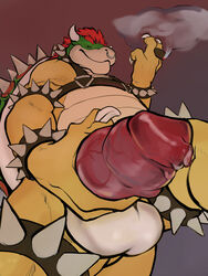 3:4 animal_genitalia animal_penis anthro balls bara bowser canine_penis cigar facial_piercing genitals harness hi_res knot koopa looking_at_viewer male male_only mario_(series) nintendo nose_piercing nose_ring penis piercing rubikon scalie smoking solo video_games