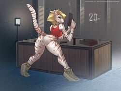 2021 4:3 anthro anus ass barely_visible_anus bottomless breasts clothed clothing detailed_background esther_(egyptianbeauty) eyebrows eyelashes felid female footwear fur genitals gun hair holding_gun holding_object holding_weapon mammal pantherine piranha_fish pussy ranged_weapon shoes solo striped_body striped_fur stripes tiger weapon