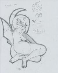 2021 absol anthro anthrofied ass blush bodily_fluids breasts feet female fishnet fishnet_armwear genital_fluids genitals graphite_(artwork) horn looking_at_viewer lunaris_parukia mostly_nude ninja nintendo pokémon_(species) pokemon pokemon_(species) pokemorph pose pussy pussy_juice sitting traditional_media_(artwork) video_games warrior yami_(lunaris_parukia) yokozuwari