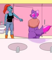 anthro ass bathroom blush bottomwear canid canine canis cj_(watersucc) clothing denim denim_clothing domestic_dog duo female fish hair hi_res husky jeans male male/female mammal marine muscular muscular_female nordic_sled_dog pants ponytail public_restroom raised_tail restroom_stall shirt slightly_chubby_male spitz tank_top topwear undertale undertale_(series) undyne undyne_the_undying video_games watersucc