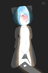 2:3 absurd_res anthro blue_hair blush bodily_fluids collar cum cum_from_pussy cum_in_pussy cum_inside female fur genital_fluids genitals hair hair_over_eye hi_res kemono kneeling nipples one_eye_obstructed pink_nipples pussy ranlunghsu red_eyes solo white_body white_fur