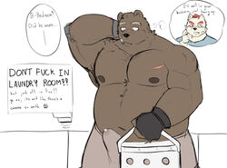 2021 anthro belly black_nose blush bodily_fluids brown_body brown_fur bulge clothed clothing duo english_text erection erection_under_clothing fur genital_fluids hi_res humanoid_hands kemono male mammal moobs navel nipples overweight overweight_male precum profanity text ursid whitebeast20