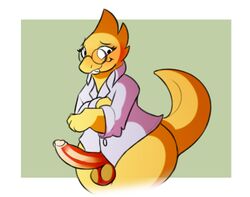 alphys anthro balls big_penis blush bottomless buckteeth casual_erection casual_exposure clothed clothing digital_media_(artwork) erection eyewear ftg_crossgender fti_crossgender futa_only genitals glasses gynomorph humanoid_genitalia humanoid_penis intersex lechecker lizard monotone_body monotone_scales penis presenting presenting_penis reptile rule_63 scales scalie simple_background smile solo teeth thick_thighs undertale undertale_(series) video_games wavy_mouth wide_hips yellow_body yellow_scales