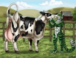 2015 abs anatomically_correct anatomically_correct_genitalia anatomically_correct_pussy anthro anthro_on_feral anus balls bovid bovine brown_eyes cattle duo farm felid female fence feral fur genitals green_body green_fur holstein_friesian_cattle kissing larger_female male male/female mammal nude outside pantherine penis pussy raised_tail size_difference teats tiger udders yaoifairy zoophilia