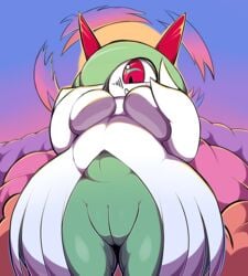 big_breasts bottomless breasts clothed clothing covering covering_breasts dynamax female genitals greepurl hair hair_over_eye hi_res huge_breasts humanoid kirlia looking_down low-angle_view nintendo not_furry one_eye_obstructed pokémon_(species) pokemon pokemon_(species) pussy solo video_games