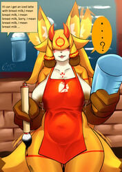 anthro apron bodily_fluids breasts clothing english_text erobee female hi_res i_mean_breast_milk iced_latte_with_breast_milk lactating lasso meme solo text