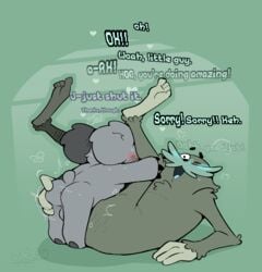 anal anal_sex anthro anvil_position ass balls bigfoot butt_grab cartoon_network charlie_(wbb) dialogue duo english_text from_front_position genitals green_background hand_on_butt heart koala legs_up lying male male/male male_only mammal marsupial nom_nom_(wbb) nude on_back penetration sex simple_background size_difference small_dom_big_sub text torquewintress vombatiform we_bare_bears