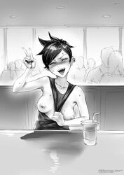 1girls 2d blush boobs closed_eyes drunk exposed_breasts exposed_nipples exposing exposing_chest female flashing flashing_breasts happy_female lesbian monochrome nipples open_mouth oppai_challenge overwatch overwatch_2 sanuki_(kyoudashya) tracer v