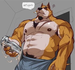 1boy abs after_masturbation annoyed anthro armpit_hair barazoku beard biceps bodily_fluids body_hair broken_sex_toy brown_body brown_fur canid canine canis chest_tuft cigarette cigarette_in_mouth cum cum_drip cum_in_sex_toy cum_on_sex_toy cum_string dialogue dripping english_text eye_scar facial_hair facial_scar fur genital_fluids happy_trail hi_res holding_object holding_penetrable_sex_toy holding_sex_toy inside joelbearb low-angle_view male male_only mammal muscular muscular_anthro muscular_male navel nipples pecs penetrable_sex_toy pubes scar sex_toy smoking solo solo_male tan_body tan_fur teeth text towel towel_only tuft wolf