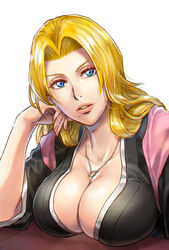 1girls azasuke big_breasts bleach blonde_hair blue_eyes breasts_on_table cleavage clothed clothed_female clothes clothing collarbone female female_only fully_clothed jewelry kimono large_breasts light light-skinned_female long_hair looking_at_viewer matsumoto_rangiku mole mole_under_mouth nail_polish revealing_clothes solo