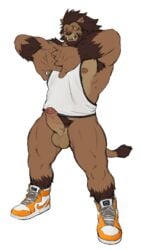 1boy 1male 5_fingers amber_eyes anthro areola armpit_hair balls ballsack barazoku beard biceps biped body_fur body_hair bottomless brown_body brown_fur brown_hair clothed clothing cracking_knuckles ear_piercing ear_ring erect_penis erection facial_hair fangs felid final_fantasy final_fantasy_xiv fingers footwear foreskin fur genitals hair hi_res hrothgar humanoid_penis intact leonine leonine_tail looking_at_viewer male male_nipples male_only male_pubic_hair mammal mane manly masculine mature_male muscular muscular_anthro muscular_male nipples one_eye_closed open_mouth orange_clothing orange_footwear orange_shoes pantsless partially_retracted_foreskin pecs penis piercing pubes quads rossciaco scrotum sharp_teeth shirt shoes simple_background smooth_fur solo square_enix standing tail tail_tuft tank_top teeth testicles topwear triceps tuft uncut vein veiny_penis video_games white_background winking