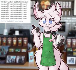 anthro apron apron_only bulge camelid clothed clothing container cup ear_piercing english_text erection erection_under_clothing front_view girly green_apron hi_res i_mean_breast_milk iced_latte_with_breast_milk iced_latte_with_dick_milk leo_(leo_llama) leo_llama llama looking_at_viewer male mammal meme mostly_nude piercing solo standing starbucks tenting text wide_hips