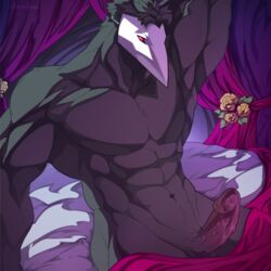 1:1 abs avian bed bed_sheet bedding biceps black_body bodily_fluids curtains darkner deltarune flower furniture genitals male male_only mask muscular nude pecs penis plant red_eyes solo swatchling_(deltarune) undertale_(series) vein veiny_penis video_games yeensinjeans