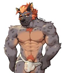 1boy 2021 abs anthro balls_outline biped body_fur body_hair bulge dick_root facial_hair fangs fur genitals grey_body grey_fur hair humanoid_genitalia humanoid_penis hyaenid jockstrap male male_nipples male_only male_pubic_hair mammal manly masculine muscular muscular_anthro muscular_male nipples orange_eyes orange_hair pecs penis pubes red_hair sideburns simple_background smooth_fur solo spots spotted_body spotted_fur topless translucent translucent_clothing translucent_underwear underwear underwear_pull voviat white_background white_underwear