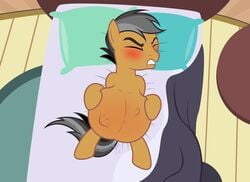 badumsquish bed blush bulge clenched_teeth closed_eyes equid equine feral friendship_is_magic furniture grey_hair hair hasbro hi_res horse labor lying male mammal my_little_pony on_back on_bed pillow pony pregnant pregnant_male quadruped quibble_pants_(mlp) stomach_bulge teeth water_break