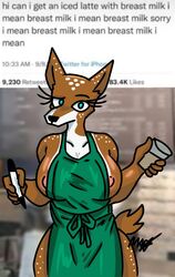 anthro apron apron_only areola areola_slip big_breasts blue_eyes breasts cervid cleavage clothed clothing collarbone container cup digital_media_(artwork) eyelashes female green_apron holding_cup holding_object holding_pen i_mean_breast_milk iced_latte_with_breast_milk karla(omegamax) mammal mature_female meme mostly_nude omegamax pen pink_areola public public_exposure shaded side_boob solo spots spotted_body starbucks tagme