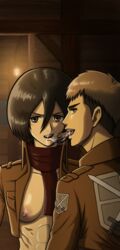 1boy 1boy1girl 1girls asian attack_on_titan black_eyes black_hair cute female grey_eyes jean_kirstein jeankasa kissing looking_at_viewer mikasa_ackerman new_epic_artist oral petite saliva saliva_string saliva_swap shingeki_no_kyojin skinny slim spread_mouth teenager tongue_out